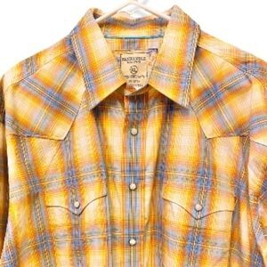 Panhandle Size XL Plaid Orange / Blue Long Sleeve Western  W/ Pearl Snap